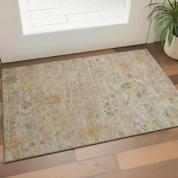 HomeRoots 5' X 8' Floral Washable Area Rug - Beige, Orange & Blue with UV Protection for High-Traffic Areas 708393