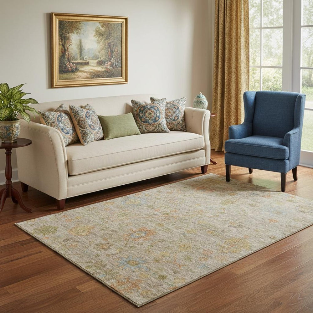 HomeRoots 8' Washable Beige, Orange & Blue Floral Rug with UV Protection - Durable, Stylish, and Pet-Friendly! 708394