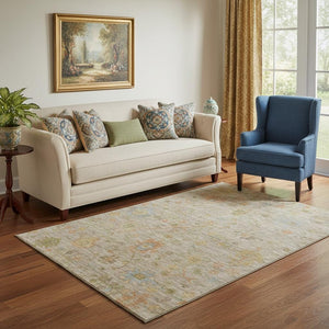 HomeRoots 8' Washable Beige, Orange & Blue Floral Rug with UV Protection - Durable, Stylish, and Pet-Friendly! 708394
