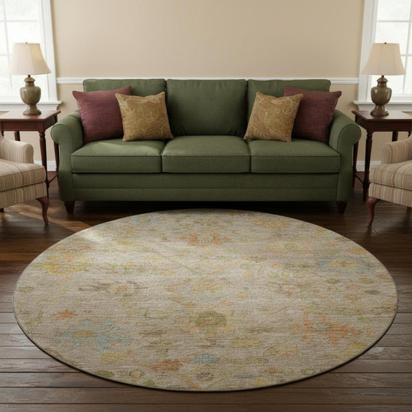HomeRoots 8' X 10' Beige, Orange & Blue Floral Washable Area Rug - Durable, UV-Protected, Family-Friendly Design! 708395