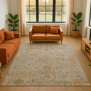 HomeRoots 9' X 12' Washable Beige Floral Area Rug with UV Protection - Stain-Resistant, Durable & Elegant Design 708396