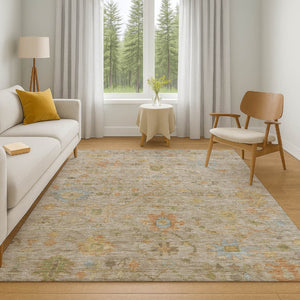 HomeRoots 9' X 12' Washable Beige Floral Area Rug with UV Protection - Stain-Resistant, Durable & Elegant Design 708396