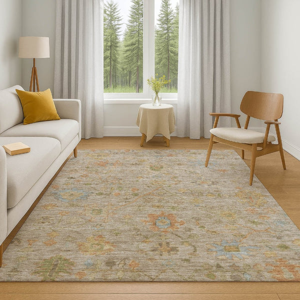 HomeRoots 9' X 12' Washable Beige Floral Area Rug with UV Protection - Stain-Resistant, Durable & Elegant Design 708396