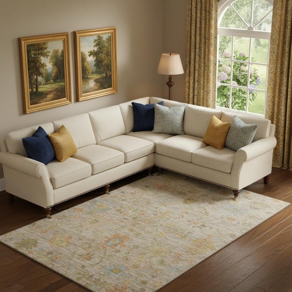 HomeRoots 10' X 14' Floral Area Rug – Beige, Orange & Blue, Washable, UV Protected for Busy Homes & Outdoors 708397