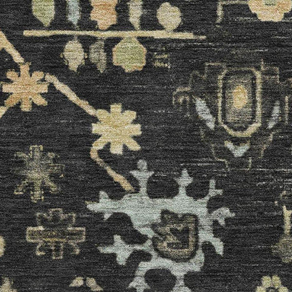 HomeRoots 5' X 8' Washable Black Gold and Blue Floral Area Rug with UV Protection for Kids and Pets' Spaces 708399