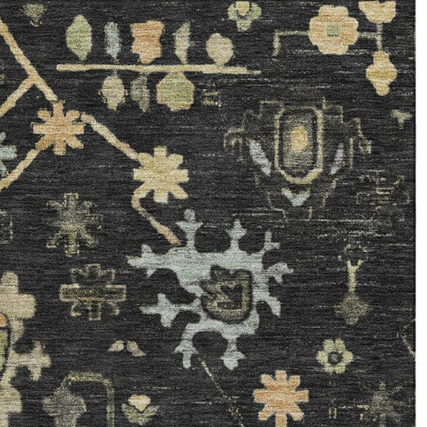 HomeRoots 5' X 8' Washable Black Gold and Blue Floral Area Rug with UV Protection for Kids and Pets' Spaces 708399