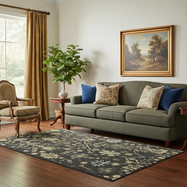 HomeRoots 8' Washable Round Rug with Bold Black, Gold & Blue Floral Design - UV Protected & Non-Slip Backing 708400