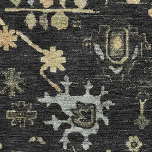 HomeRoots 8' Washable Round Rug with Bold Black, Gold & Blue Floral Design - UV Protected & Non-Slip Backing 708400