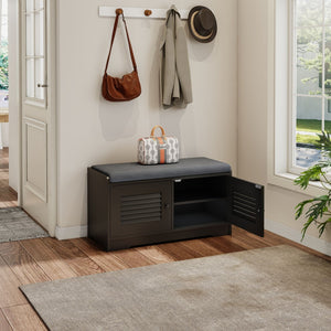English Elm 28.74"shoe Storage Bench Louvered Cabinet Cushioned Seat Adjustable Shelves Entryway W2948P361401