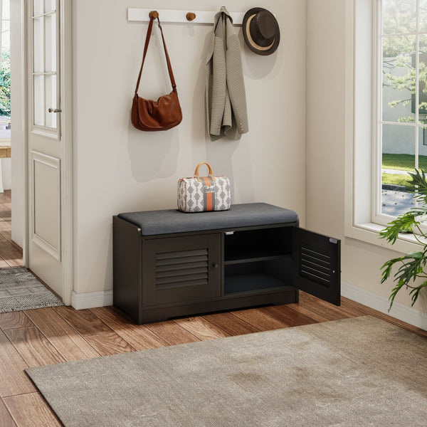 English Elm 28.74"shoe Storage Bench Louvered Cabinet Cushioned Seat Adjustable Shelves Entryway W2948P361401