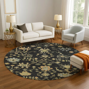 HomeRoots 8' X 10' Elegant Black Gold Blue Floral Washable Area Rug with UV Protection for Homes & Kids 708401