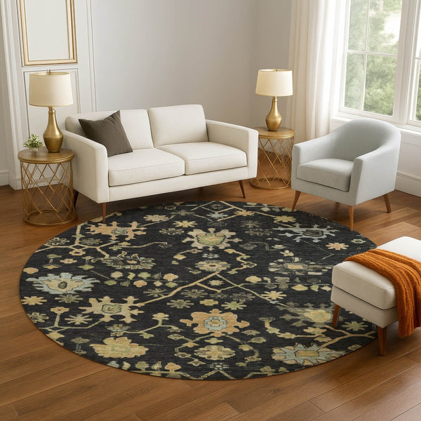 HomeRoots 8' X 10' Elegant Black Gold Blue Floral Washable Area Rug with UV Protection for Homes & Kids 708401