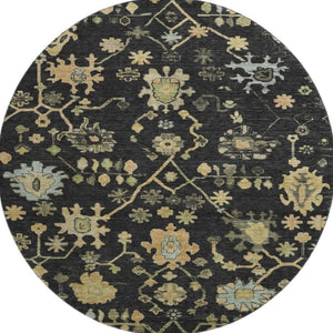 HomeRoots 8' X 10' Elegant Black Gold Blue Floral Washable Area Rug with UV Protection for Homes & Kids 708401