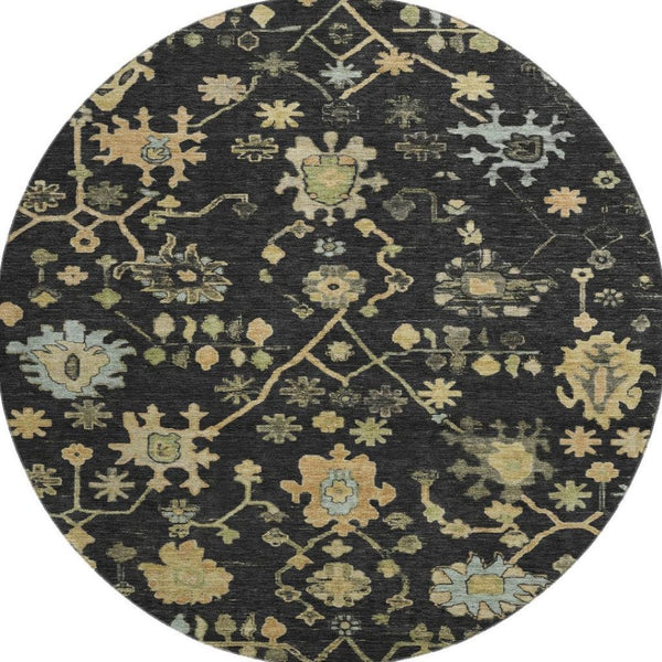 HomeRoots 8' X 10' Elegant Black Gold Blue Floral Washable Area Rug with UV Protection for Homes & Kids 708401
