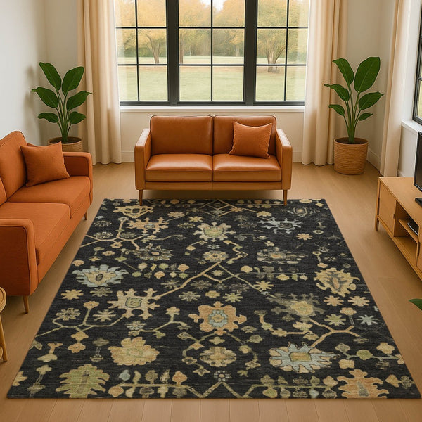 HomeRoots 9' X 12' Washable Floral Area Rug in Black, Gold & Blue with UV Protection for High-Traffic Spaces 708402