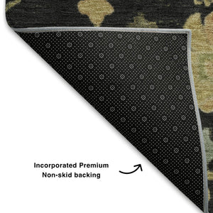 HomeRoots 9' X 12' Washable Floral Area Rug in Black, Gold & Blue with UV Protection for High-Traffic Spaces 708402