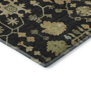 HomeRoots 9' X 12' Washable Floral Area Rug in Black, Gold & Blue with UV Protection for High-Traffic Spaces 708402