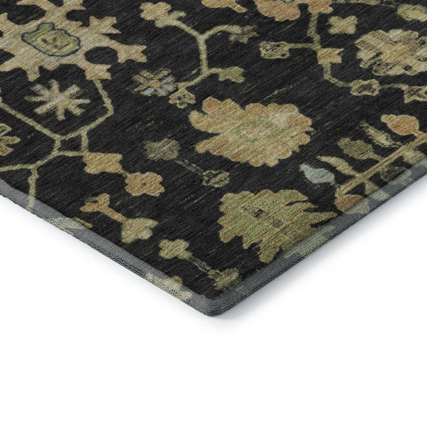HomeRoots 9' X 12' Washable Floral Area Rug in Black, Gold & Blue with UV Protection for High-Traffic Spaces 708402