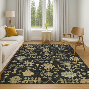 HomeRoots 9' X 12' Washable Floral Area Rug in Black, Gold & Blue with UV Protection for High-Traffic Spaces 708402