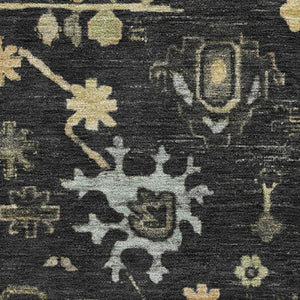 HomeRoots 9' X 12' Washable Floral Area Rug in Black, Gold & Blue with UV Protection for High-Traffic Spaces 708402