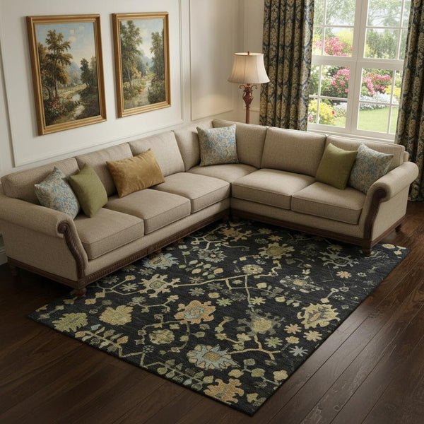 HomeRoots 10' X 14' Elegant Black Gold and Blue Floral Washable Area Rug with UV Protection for Family Homes 708403