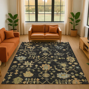 HomeRoots 10' X 14' Elegant Black Gold and Blue Floral Washable Area Rug with UV Protection for Family Homes 708403