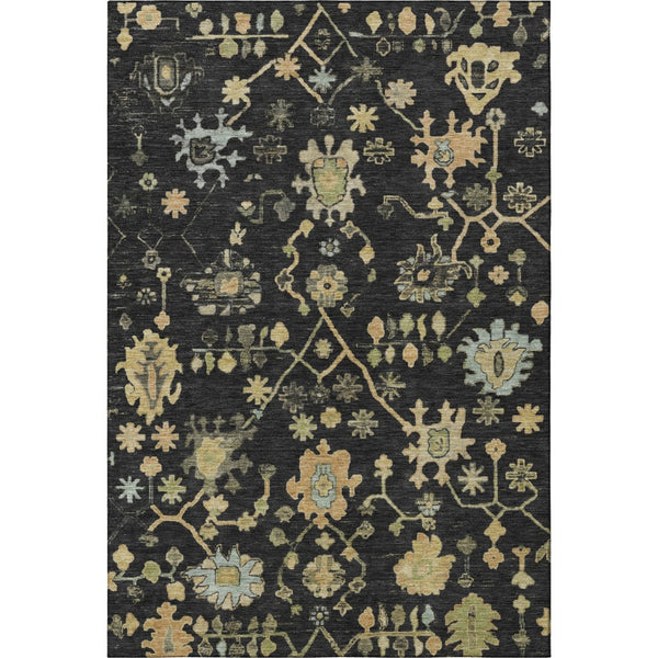 HomeRoots 10' X 14' Elegant Black Gold and Blue Floral Washable Area Rug with UV Protection for Family Homes 708403