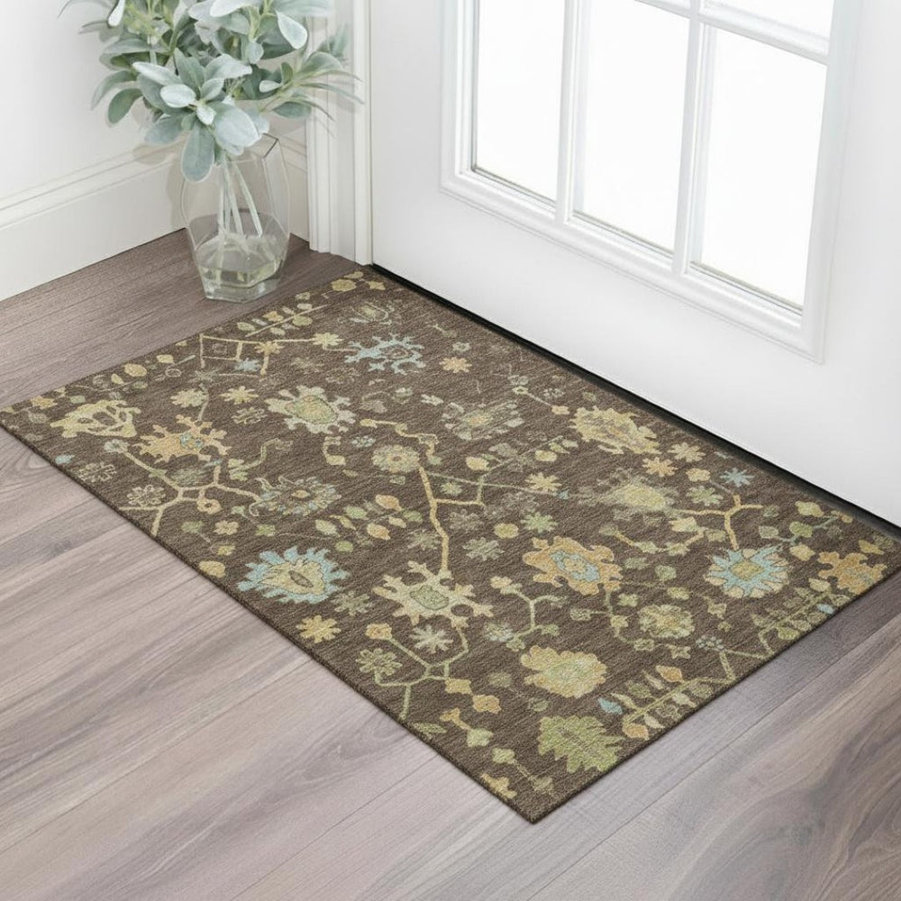 HomeRoots 5' X 8' Brown Gold Blue Floral Area Rug - Washable, UV Protected, Stain Resistant, Pet-Friendly Design 708405