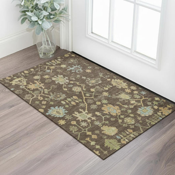 HomeRoots 5' X 8' Brown Gold Blue Floral Area Rug - Washable, UV Protected, Stain Resistant, Pet-Friendly Design 708405