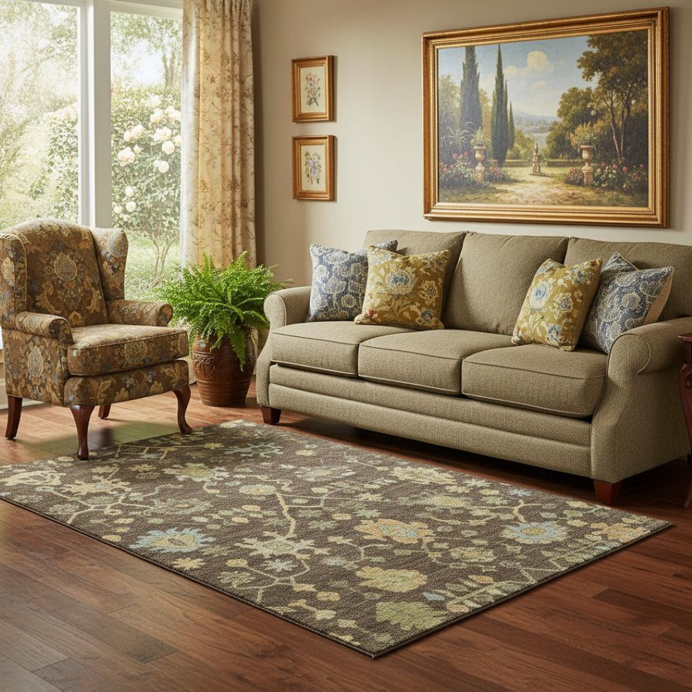 HomeRoots 8' Brown Gold and Blue Floral Area Rug – Washable, UV-Protected, Durable for High-Traffic Homes 708406