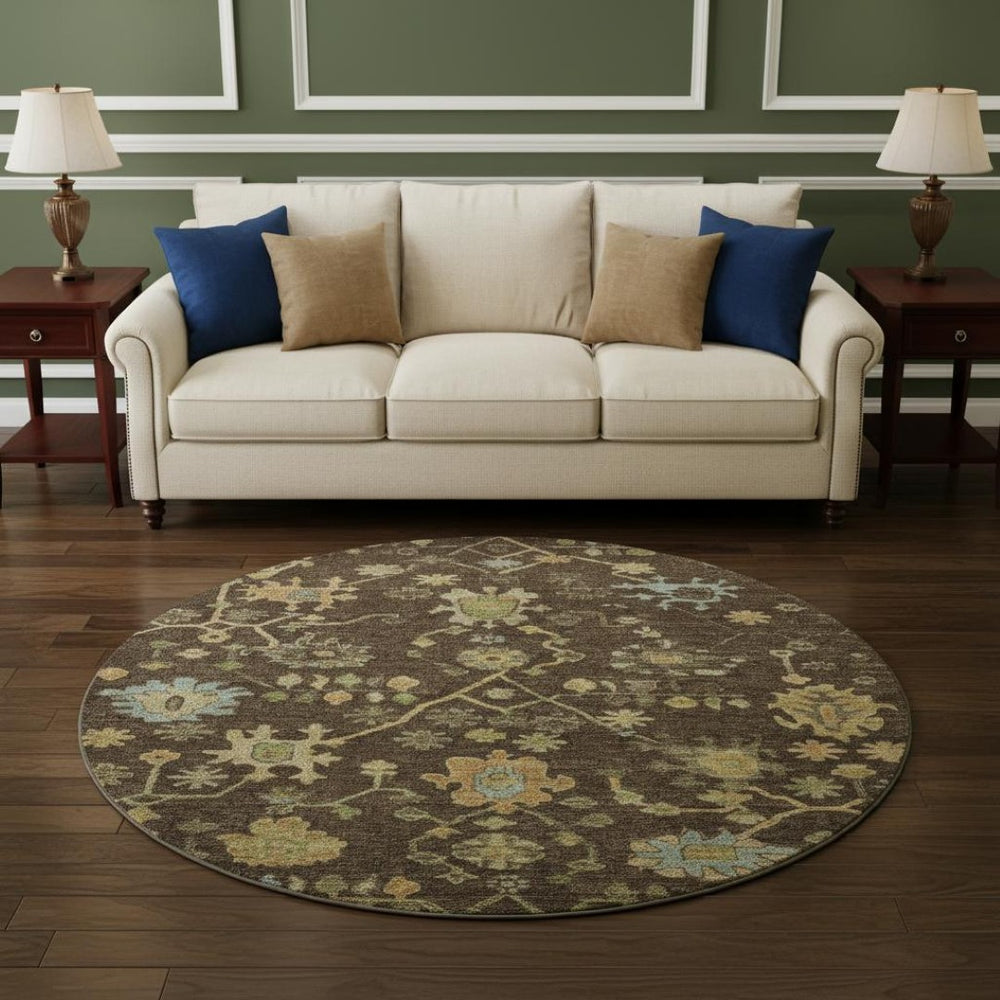 HomeRoots 8' X 10' Floral Area Rug in Brown, Gold & Blue - Washable, UV Protected, Durable, Stain-Resistant! 708407