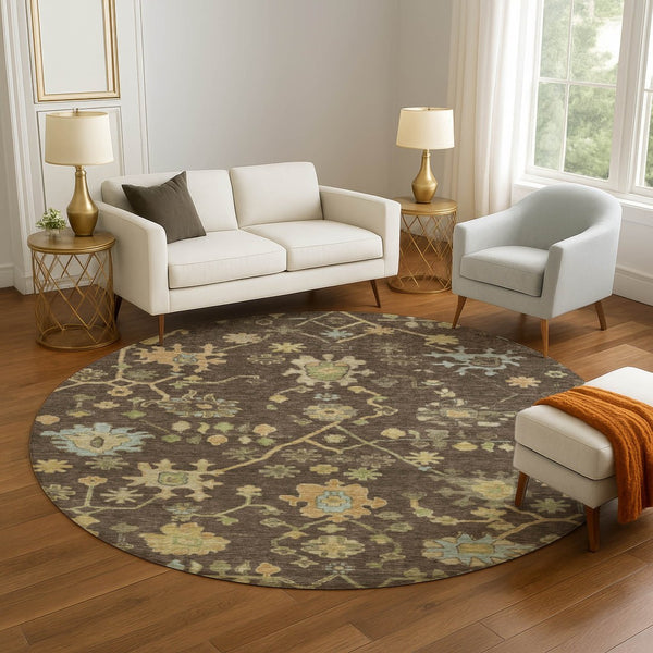 HomeRoots 8' X 10' Floral Area Rug in Brown, Gold & Blue - Washable, UV Protected, Durable, Stain-Resistant! 708407