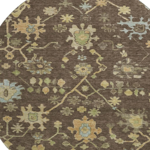 HomeRoots 8' X 10' Floral Area Rug in Brown, Gold & Blue - Washable, UV Protected, Durable, Stain-Resistant! 708407