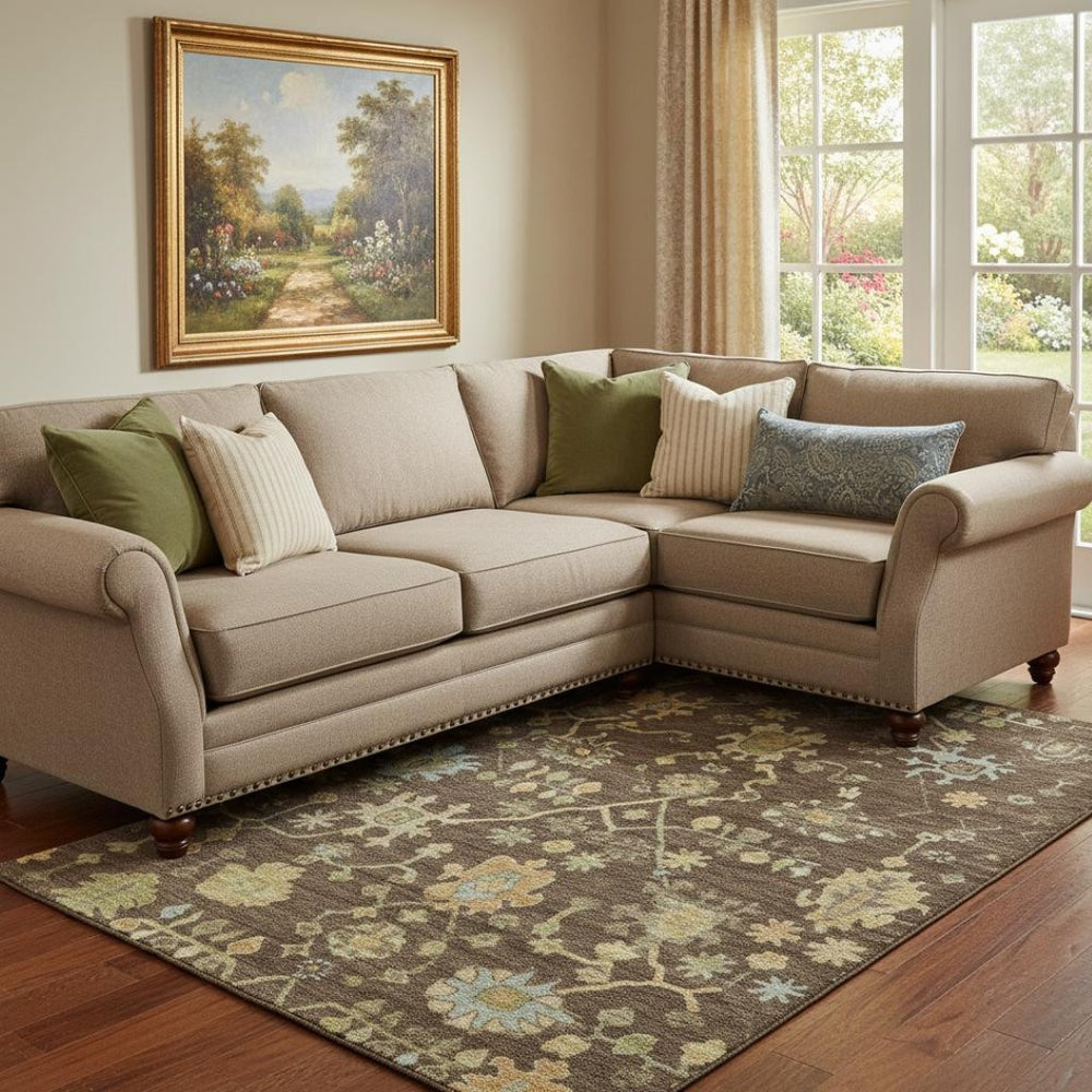 HomeRoots 9' X 12' Floral Area Rug in Brown, Gold & Blue - Washable, UV Protected, Stain Resistant, Durable Design 708408