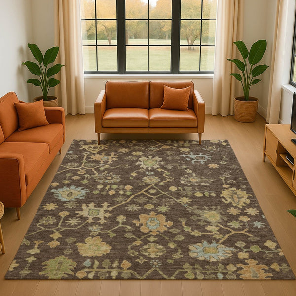 HomeRoots 9' X 12' Floral Area Rug in Brown, Gold & Blue - Washable, UV Protected, Stain Resistant, Durable Design 708408