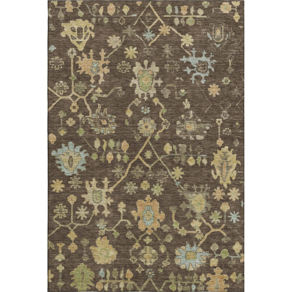 HomeRoots 9' X 12' Floral Area Rug in Brown, Gold & Blue - Washable, UV Protected, Stain Resistant, Durable Design 708408