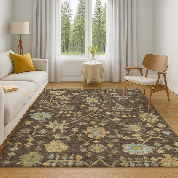 HomeRoots 9' X 12' Floral Area Rug in Brown, Gold & Blue - Washable, UV Protected, Stain Resistant, Durable Design 708408