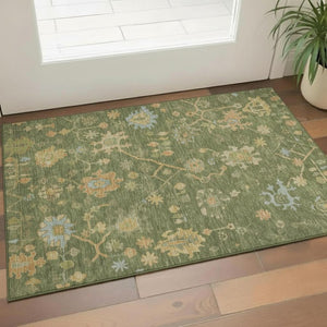 HomeRoots 5' X 8' Washable Floral Area Rug in Fern Green, Gold & Blue – Stain Resistant with UV Protection 708411