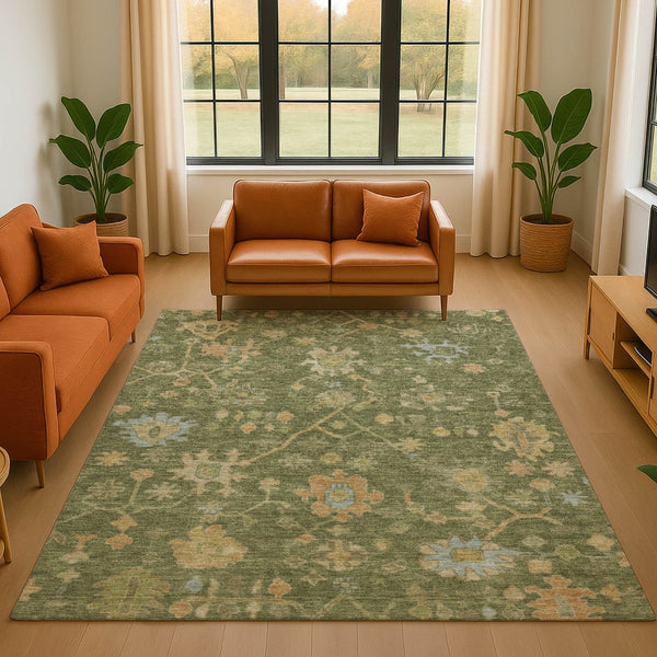 HomeRoots 5' X 8' Washable Floral Area Rug in Fern Green, Gold & Blue – Stain Resistant with UV Protection 708411