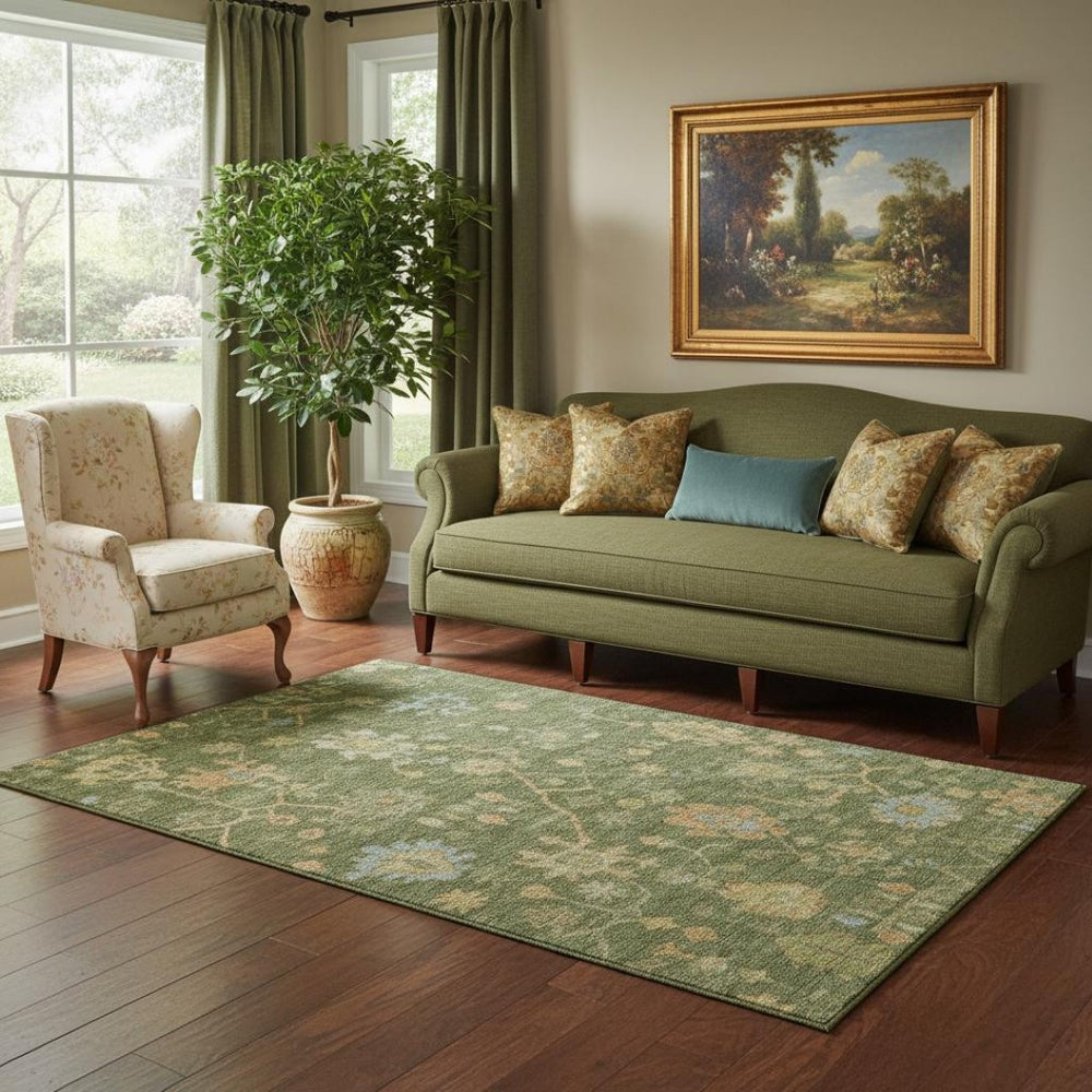 HomeRoots 8' Washable Fern Green, Gold & Blue Floral Area Rug with UV Protection for Homes with Kids & Pets 708412