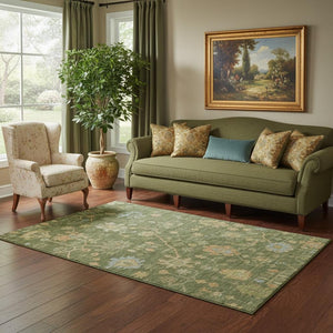 HomeRoots 8' Washable Fern Green, Gold & Blue Floral Area Rug with UV Protection for Homes with Kids & Pets 708412