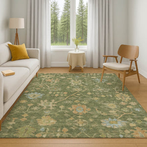 HomeRoots 8' Washable Fern Green, Gold & Blue Floral Area Rug with UV Protection for Homes with Kids & Pets 708412