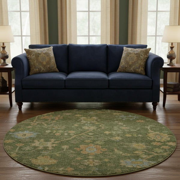 HomeRoots 8' X 10' Washable Floral Area Rug – Fern Green, Gold & Blue with UV Protection for High Traffic Homes 708413