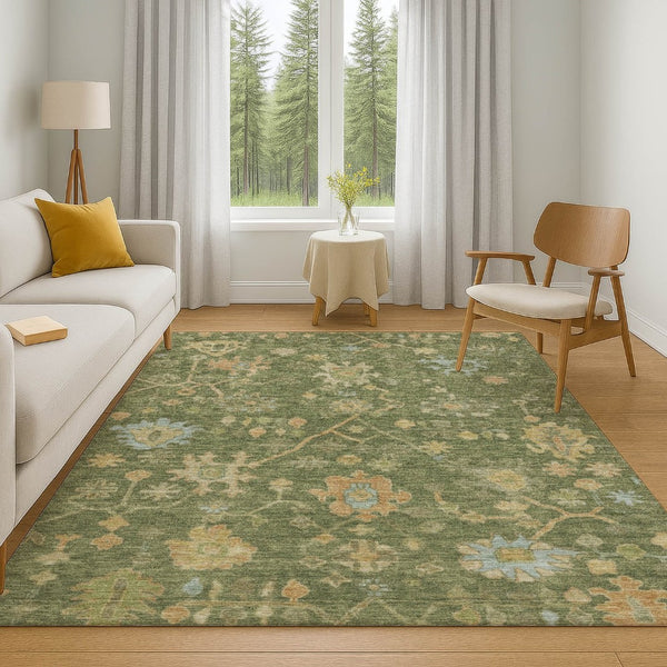 HomeRoots 9' X 12' Fern Green Floral Area Rug - Washable, Stain Resistant, UV Protected for High-Traffic Spaces 708414
