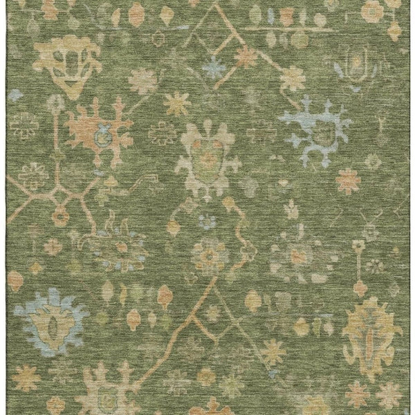 HomeRoots 9' X 12' Fern Green Floral Area Rug - Washable, Stain Resistant, UV Protected for High-Traffic Spaces 708414