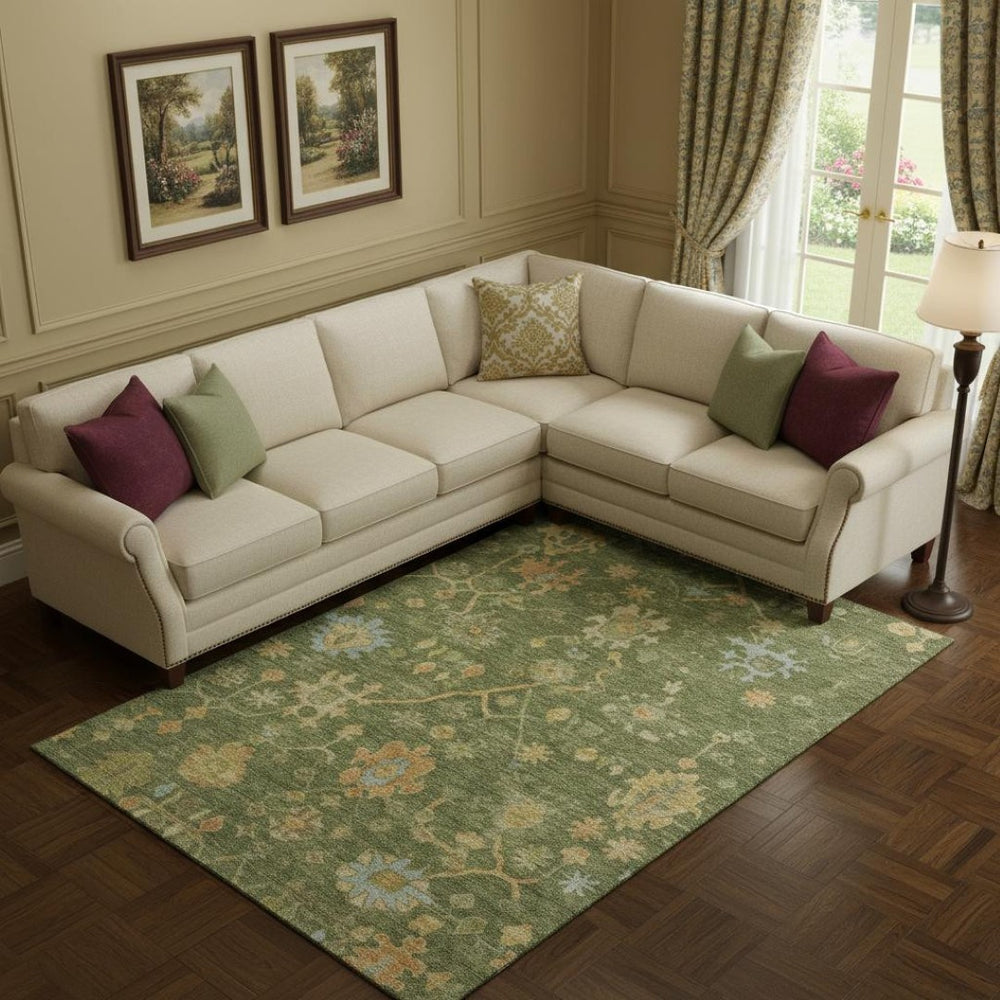 HomeRoots 10' Fern Green Floral Area Rug – Washable, Stain Resistant, UV Protected for Stylish Living Spaces 708415