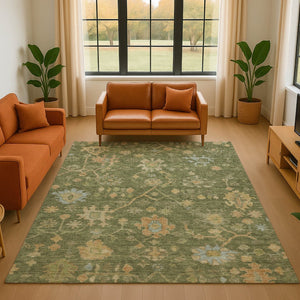 HomeRoots 10' Fern Green Floral Area Rug – Washable, Stain Resistant, UV Protected for Stylish Living Spaces 708415