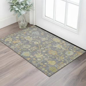 HomeRoots 5' Stylish Gray Gold and Blue Floral Area Rug – Washable, Stain Resistant, UV Protected for Homes 708417