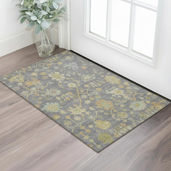 HomeRoots 5' Stylish Gray Gold and Blue Floral Area Rug – Washable, Stain Resistant, UV Protected for Homes 708417