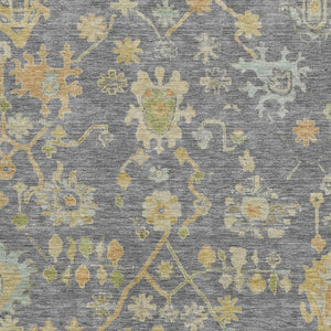HomeRoots 5' Stylish Gray Gold and Blue Floral Area Rug – Washable, Stain Resistant, UV Protected for Homes 708417